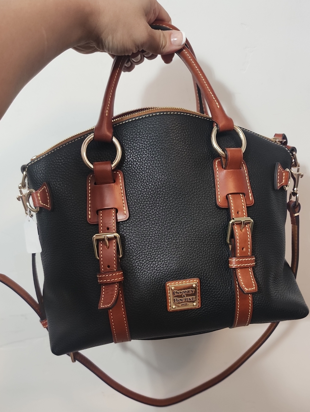 Dooney & Bourke Black Pebble Leather Satchel with Brown Trim
